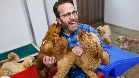 Jeffrey Stevens enjoys the company of a few pups while visiting a dog daycare center. The founder of Nebraska’s Canine Cognition and Human Interaction Lab, Stevens now co-directs a worldwide project that aims to expand and improve research into human’s best friend.